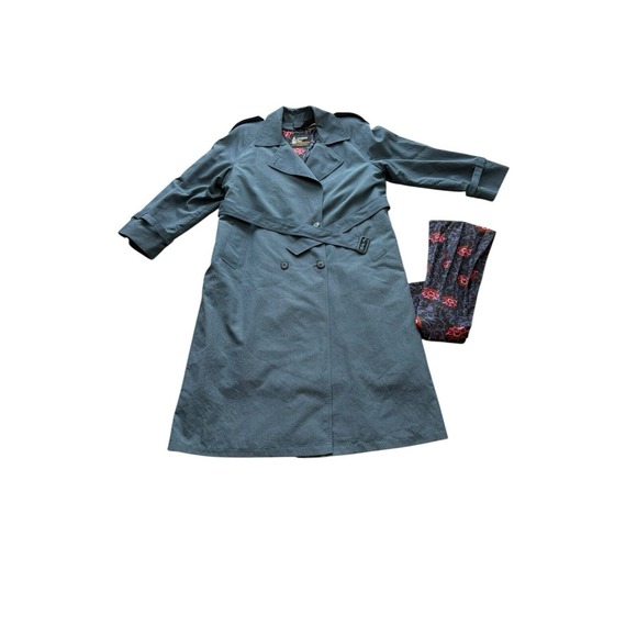 Women's 16 London‎ Fog Green Trench Coat Removable Floral Liner & Matching Scarf - Picture 1 of 7